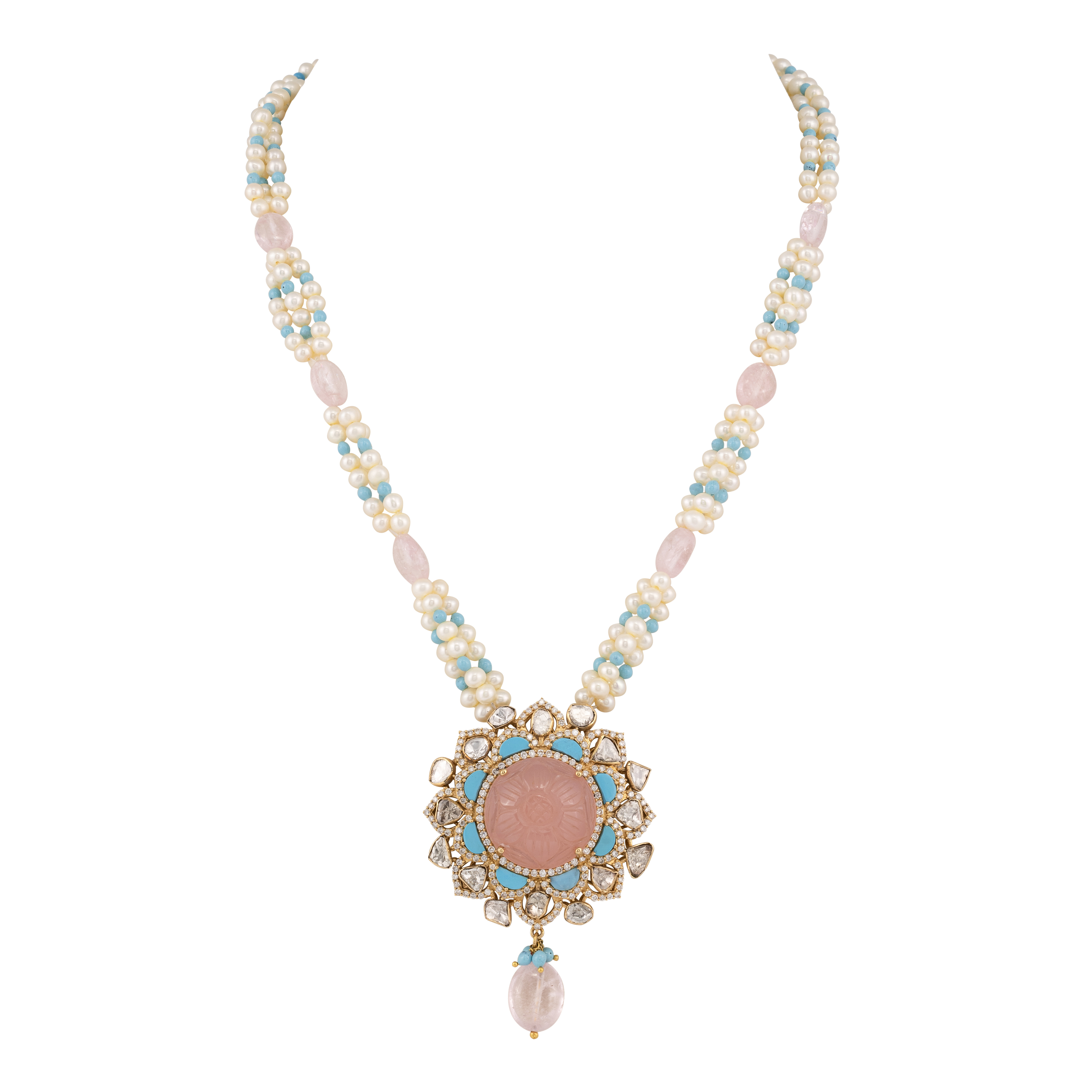Carved Pink and Turquoise Gemstone Necklace with Polkis and Pearl